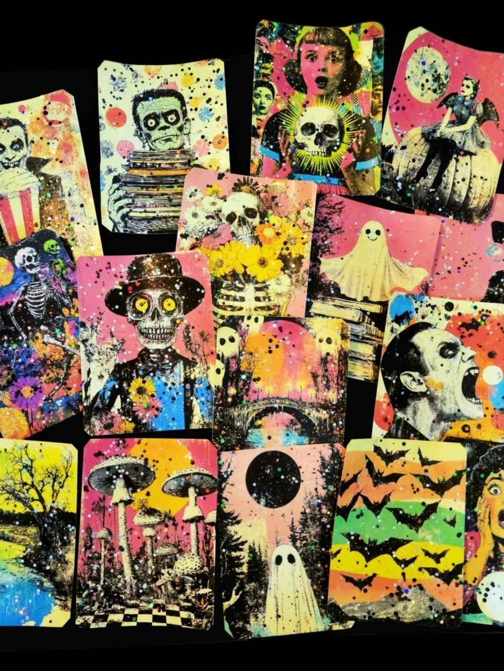16 Halloween Stickers Large Whimsy Goth Witches Ghosts Monsters with Glitter